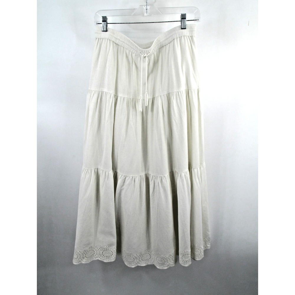 House of Harlow Linen Maxi Gypsy Skirt White Scalloped Hem Boho L 1282610